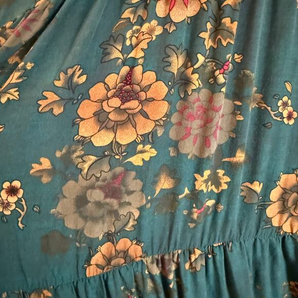 NATURAL LIFE Rebecca Green Floral Tiered Midi Dress Teal Orange Clusters Medium - Picture 6 of 9